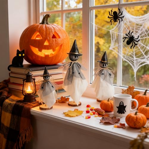 Halloween Ghost Decorations Set of 3 Rustic Wooden Tabletop Figures with Witch Hats
