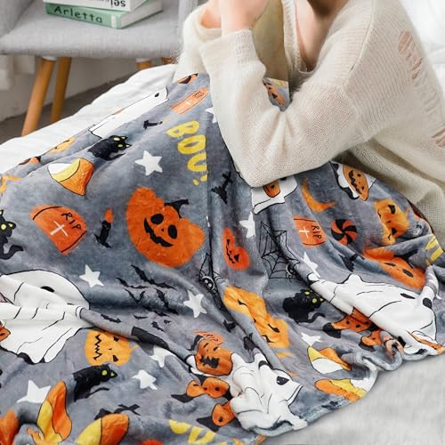 Halloween Ghost Throw Blanket - Boo-Cute Ghost on Gray, Cozy Plush 50 x 60 Inches