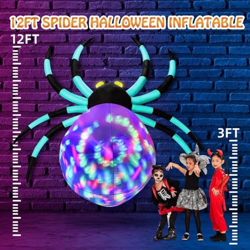 12Ft Giant Halloween Inflatable Spider Yard Decoration with Color-Shifting Eyes and Flashing Belly
