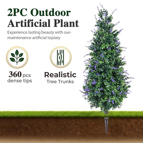 3ft Lavender Artificial Topiary Trees Set of 2 Outdoor Faux Plants - UV Resistant, Realistic Bushes for Garden & Porch (Lavender, 36in)