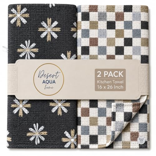 Microfiber Dish Towels Set - Gray Checkered Kitchen Towels 2 Pc - Absorbent & Double Sided with Hanging Loops