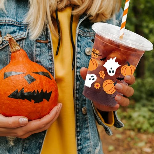 Halloween Plastic Cups with Lids & Straws - Ghost Pumpkin Design, 50 Pack, 12oz