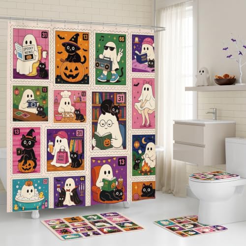 Funny Ghost Bathroom Shower Curtain and Rug Set - Halloween Decor, 4PCS