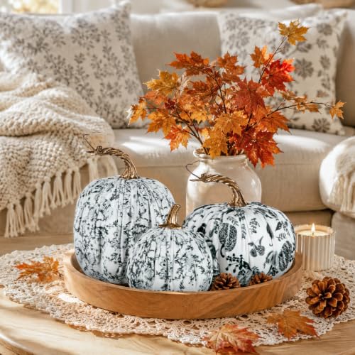 Set of 3 Velvet Fake Pumpkins - Black and White Fall Decor for Home Indoor