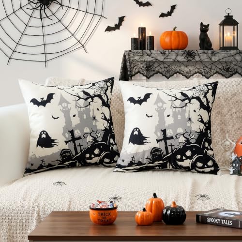 Artscope Halloween Haunted House & Ghost Throw Pillow Cover Set - Bat 16x16 Inches