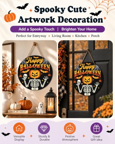 Halloween Wooden Door Sign - Skeleton Pumpkin Spooky Holiday Decor 12x12 Inches