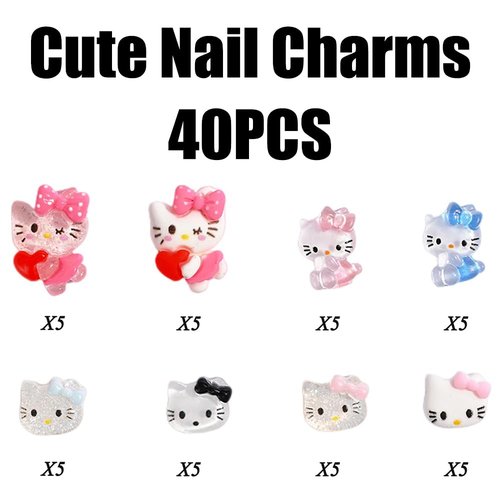 Kawaii Cartoon Cat Nail Charms 40Pcs Cute 3D Nail Art Charms Designs Cat Nail Jewelry Rhinestones Gems and Charms for Women DIY Manicure Decoration Accessories
