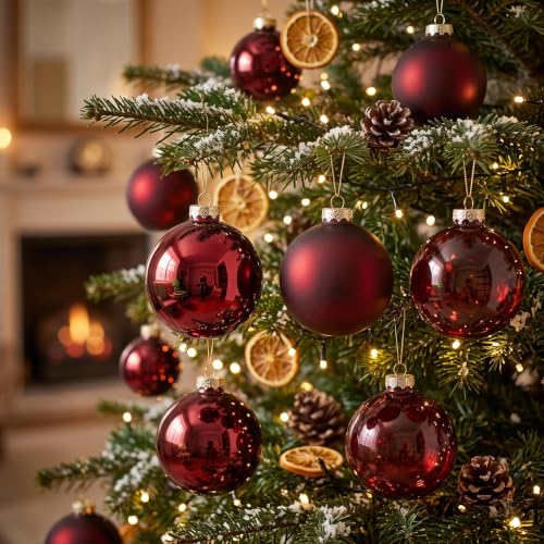 9-Piece Burgundy Glass Christmas Ornaments Set - 3.15 Inch Holiday Tree Decorations