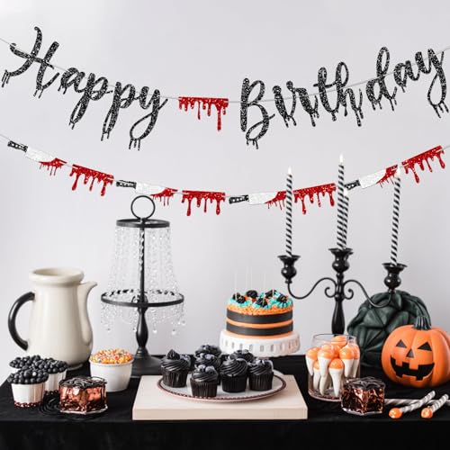 Halloween Birthday Banner Set with Glitter Knife & Blood Drop Garland - Spooky Party Decorations