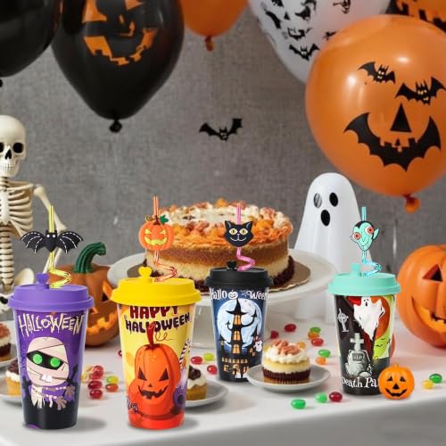48 Pack Halloween Party Cups with Lids & Silly Straws - Reusable Bulk Set