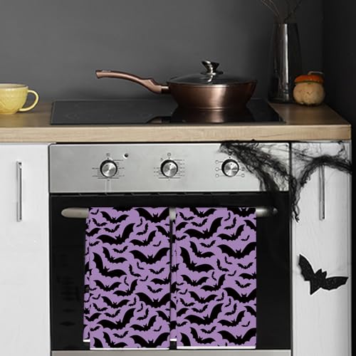 Halloween Kitchen Towels Set - Purple Black Bat Dish Drying & Cleaning Towels