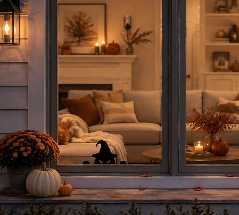 Peeking Black Cat Halloween Window Decoration - Witch Hat & Sign, Small Spooky Home Decor
