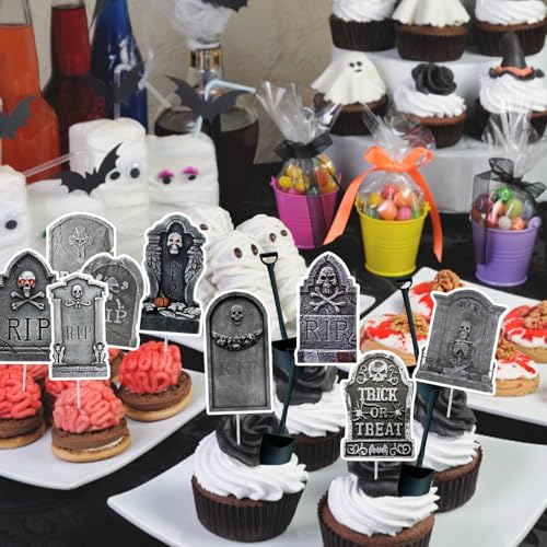 Halloween Tombstone Cupcake Toppers with Mini Shovel Spoons - 48 PCS Graveyard Decor Variation of Tombstones