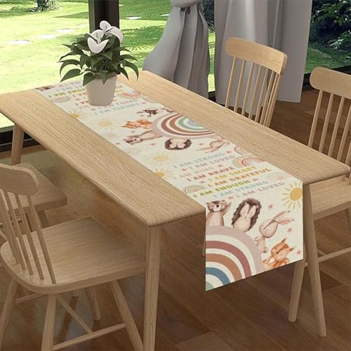 Rainbow Table Runner 13x36 Inches - Rustic Colorful Cartoon Animal Boho Decor