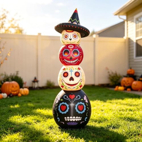 7 Ft Halloween Inflatable Decor with LED Lights, Day of the Dead Sugar Skull Tower