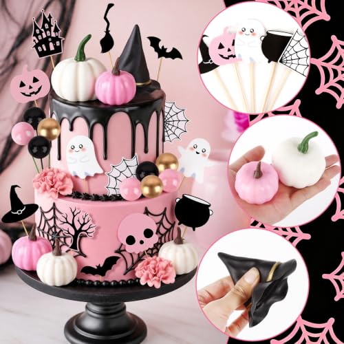 Pink Pumpkin Cake Topper Set - Halloween Cake Decorations with Hat, Flower & Bats - 30PCS - Pumpkin Variation
