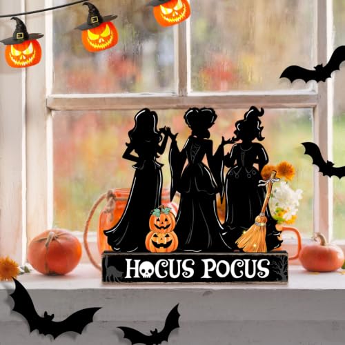 Halloween Witch Sisters Wooden Sign with Spooky Silhouettes - Centerpiece Decor