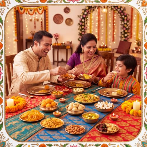 Diwali Themed Linen Table Runner Set - 4 Piece Indian Celebration Decor