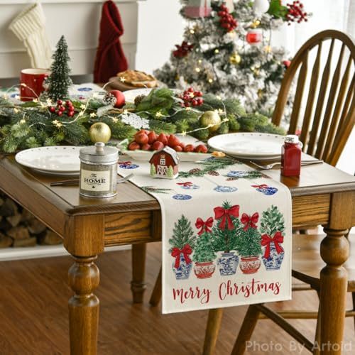 13x60 Inch Xmas Tree Balls Table Runner Home Holiday Decor Beige