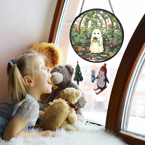 Halloween Ghost Stained Glass Window Hanging - Indoor Sun Catcher, 7.9 Inch
