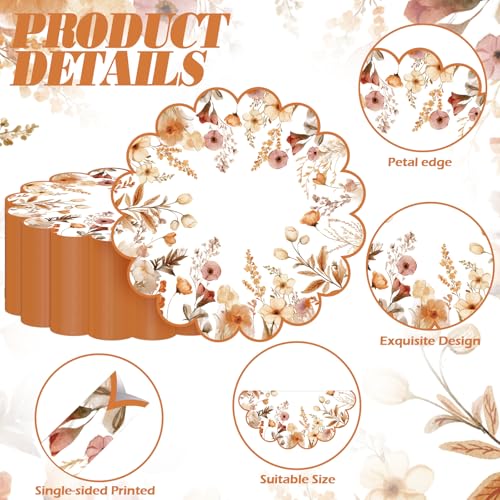 Fall Floral Paper Placemats - Scalloped Boho Design, 100 Pack for Autumn Events