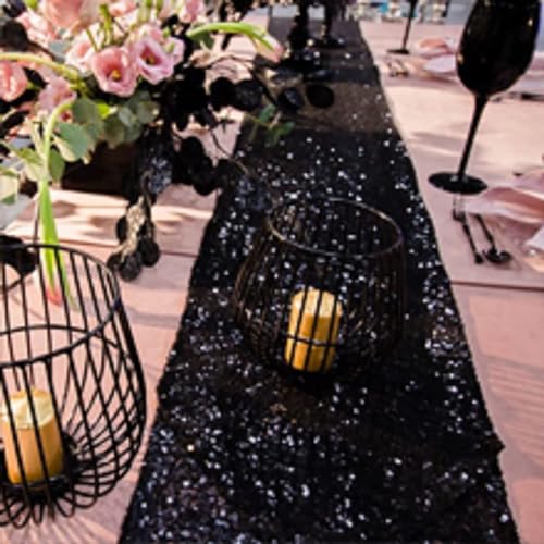 Black Sequin Table Runner 12x72 Inches - Pack of 12 - Elegant Party Decor
