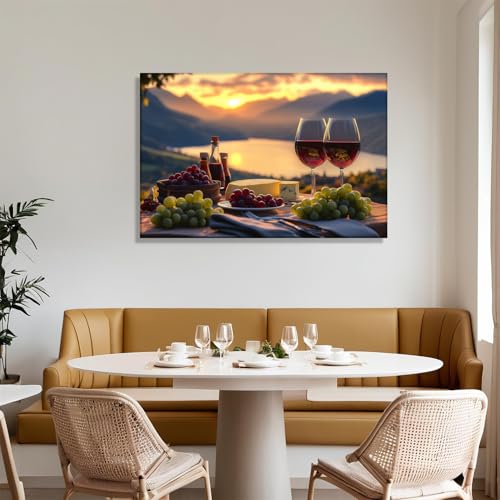 Wine Canvas Wall Art - Lakeside Sunset & Fruit Goblet Painting - 12x18 Inch Art-3