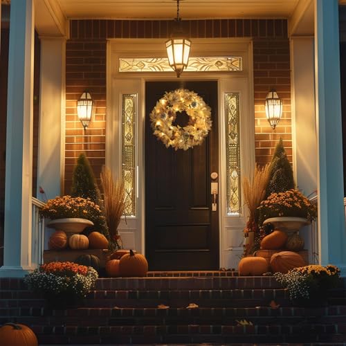 Beige Fall Wreath with Lights - 22-inch Autumn Door Decor with Pumpkins, Berries & Pine Cones