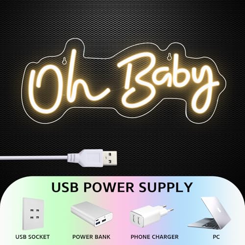 Warm White Oh Baby Neon Sign for Baby Shower & Gender Reveal Backdrop - 16.5x6.9 Inches Dimmable LED Light
