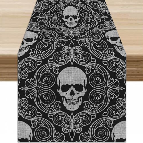 Gothic Skull Table Runner W13xL36 Black Abstract Halloween Damask Skeleton Decor