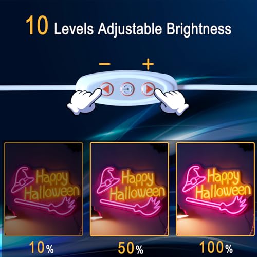 Happy Halloween Neon Sign - Pink Witch Hat & Broom LED Decor - 16.5x11 in - USB Powered - Variation of THIS listing