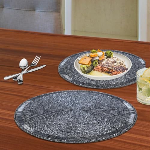 13 Inch Beaded Placemat Charger Navy - Handmade Set of 2 for Dining Table Decor