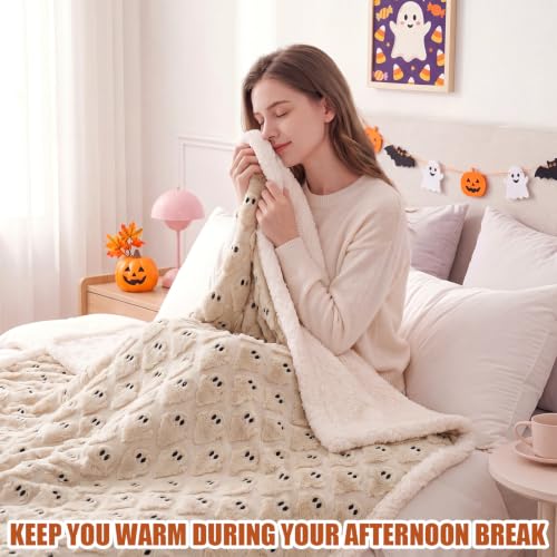 Remagr Beige Halloween Ghost Sherpa Throw Blanket 50x60 - Cozy & Decorative