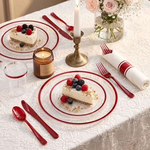 350pcs Red and Clear Plastic Plates Party Dinnerware Set - Labor Day