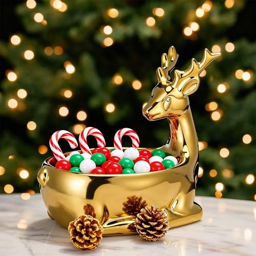 Christmas Candy Bowl Reindeer and Gold Ceramic Cookie Storage Dish - Festive Holiday Decor
