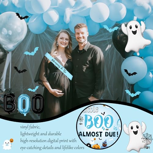 Halloween Baby Shower Decorations Boy - Blue & Black Party Set with Balloons, Backdrop & Cake Toppers