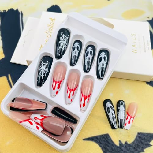 Halloween Nails with Blood Drop & Ghost Designs - Long Coffin Fake Nails - Variation 11