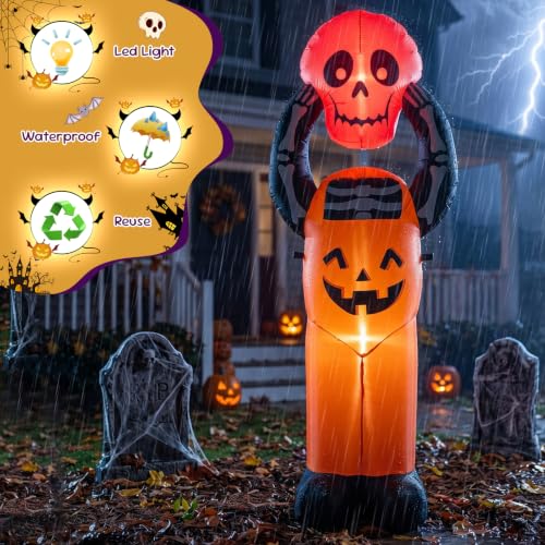 6FT Halloween Inflatable Pumpkin Skeleton with LED Lights - Yard Decor, Spooky Halloween Party