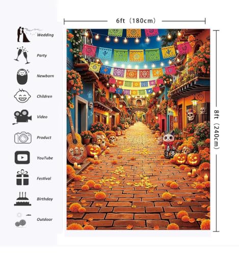 Day of the Dead Backdrop 6x8FT Dia De Los Muertos Mexican Street Scene Vinyl Decor