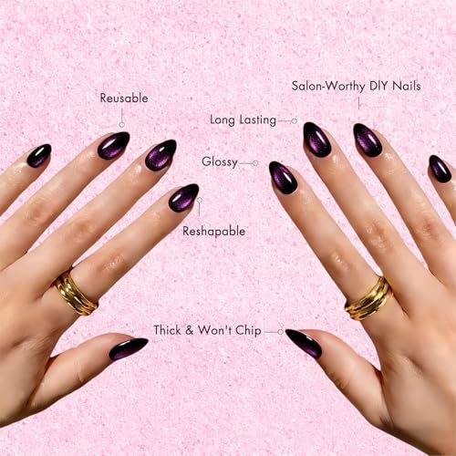 Cat Eye Press-On Nails Short Oval - Black Purple Glitter Chrome Finish, 30 Pcs, Reusable