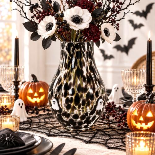 Halloween Ghost Glass Vase Black and White Hand Blown Centerpiece Decor 6.6 x 6.7 Inches