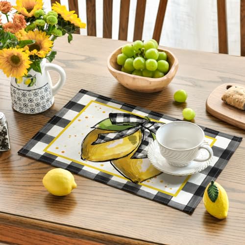 Buffalo Plaid Lemon Placemats Set of 4 - 12x18 Inch Rustic Washable Table Mats Black & White