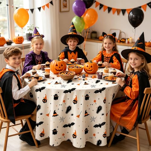 Halloween Tablecloth 3 Pack Round 84 Inch Leakproof Plastic Table Covers - Pumpkin Ghost Variation