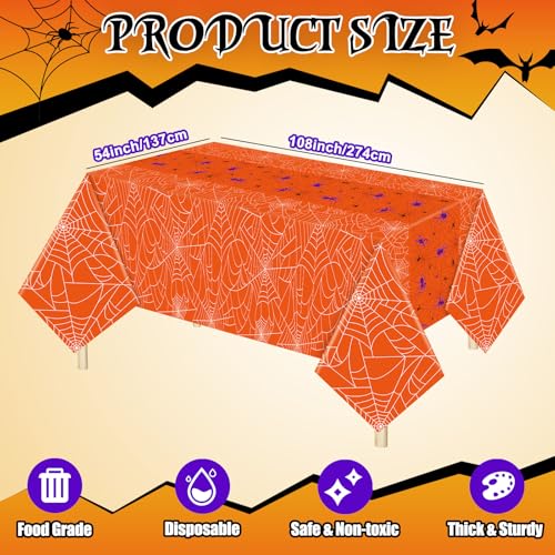 Halloween Spider Web Tablecloth - Waterproof Disposable Orange Rectangular Cover 54x108 Inch - 3 Pack
