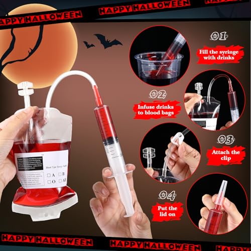 Halloween Blood Bags for Drinks 50 Sets Fake IV Bags with Syringes & Stickers - Variation of 100