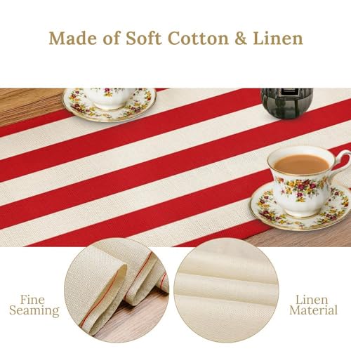 Red and White Striped Table Runner - Classic Linen Farmhouse Decor 13x36in