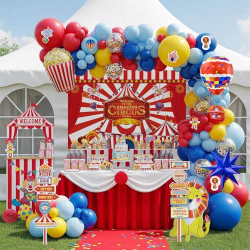 Carnival Theme Birthday Party Decorations Set - Red & Yellow Balloons, Foil Hot Air Balloons, Striped Banner, Backdrop & Signboard - Variation of THIS listing