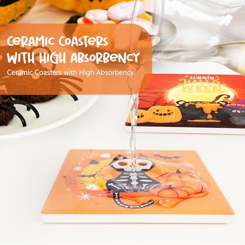 Set of 4 Absorbent Ceramic Drink Coasters with Black Holder and Cork Base - Halloween Decor