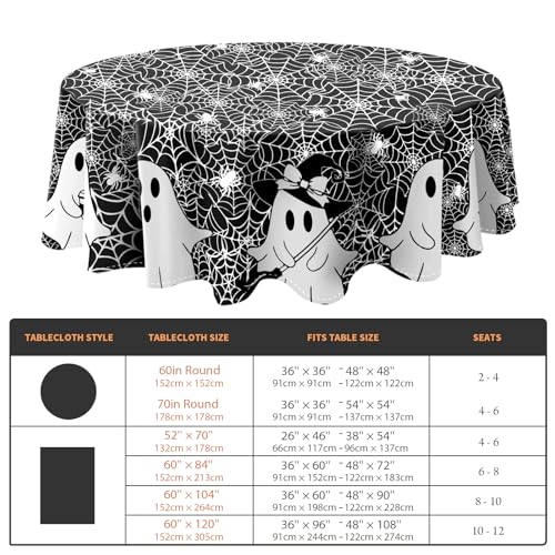Black 70-Inch Halloween Round Tablecloth Spooky Ghost Spider Web Washable