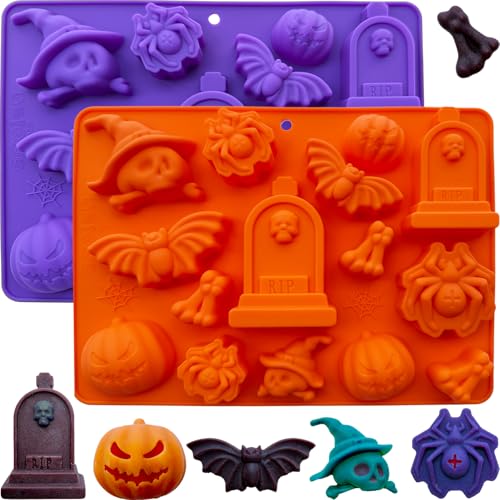 Halloween Candy Molds 2Pcs Silicone Pumpkin Skull Bat Witch Hat Gummy Cake Pop